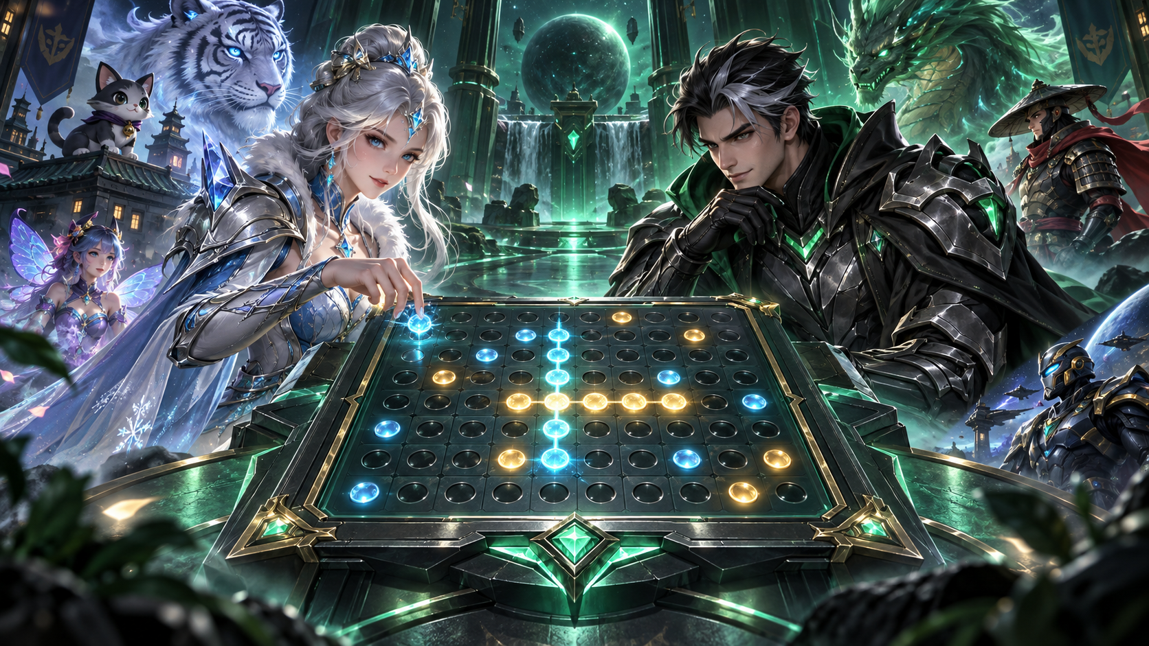 A 4NCut game moment with premium heroes, animals, and a glowing strategy board
